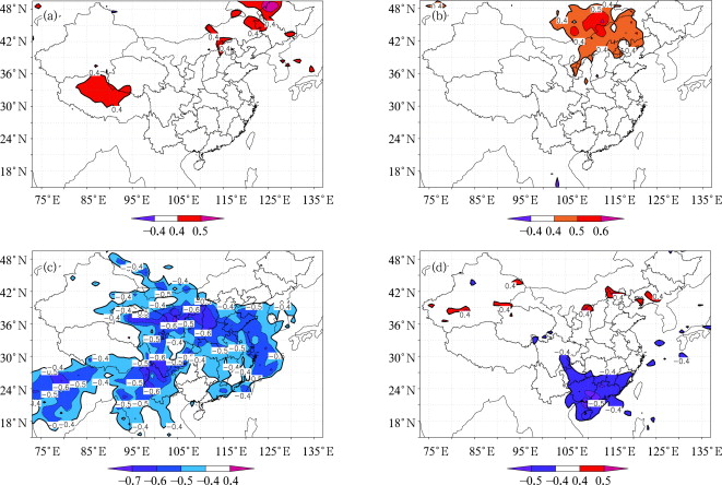 Correlation coefficients between the TOR and SOI for (a) spring, (b) summer, (c) ...