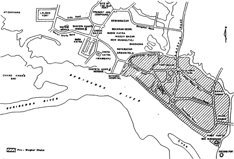 Demarcation between pre-Mughal and Mughal Dhaka (Dani, 1962).