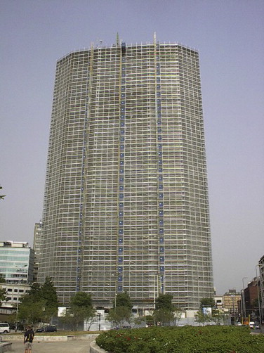 Construction site with exterior scaffolds.
