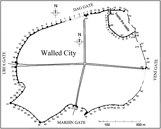 Plan order and tower numbers of the Diyarbakir city walls.