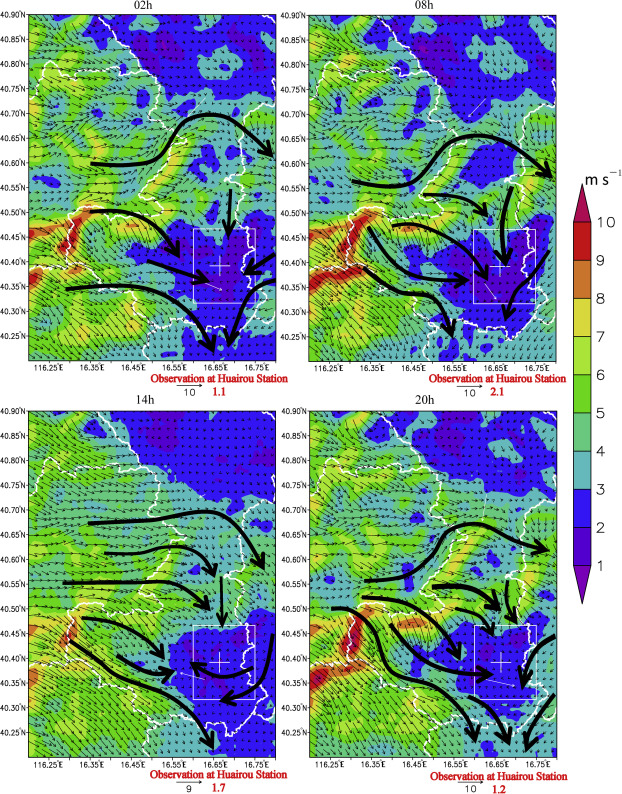 The simulated 10 m-high wind field at typical hours averaged from January 2 to ...