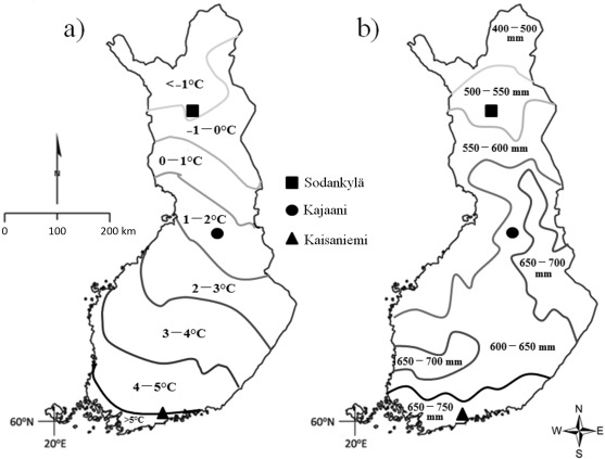 Study area and the meteorological stations used, (a) average annual temperature ...