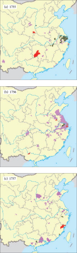 Distributions of famine (light purple), insect pest (dark green), and pestilence ...