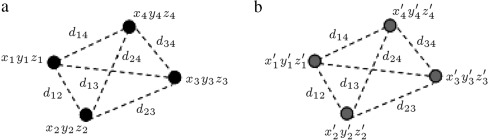 Relative distances between markers. (a) Before motion; (b) after motion.
