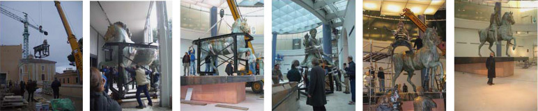 Images illustrating the moving and assembling of the equestrian statue of Marcus ...