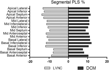 Segmental deformation values in LVNC and DCM groups according to the 16-segment ...