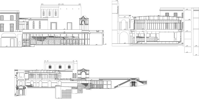 Top left: the elevation of the new Hall from the Giardino Caffarelli. ...
