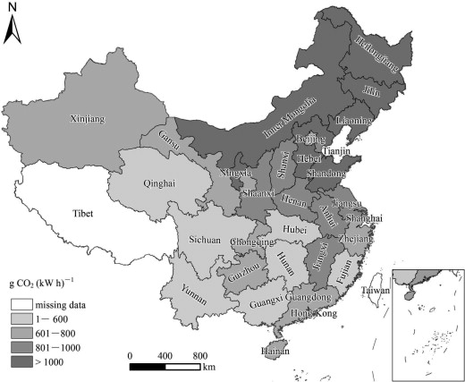 CO2 emission factors of electricity generation by regions in 2010