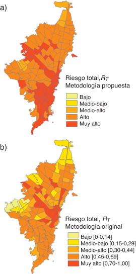Nivel de riesgo total para Bogotá: a) metodología propuesta; b) metodología ...