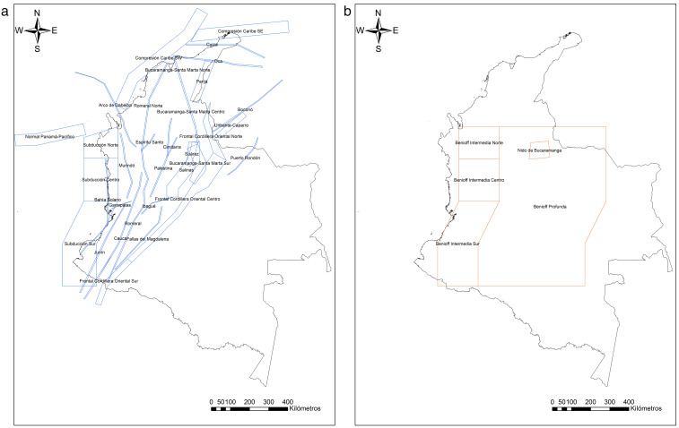 Fuentes sismogénicas modeladas: superficiales (a la izquierda) y profundas (a la ...