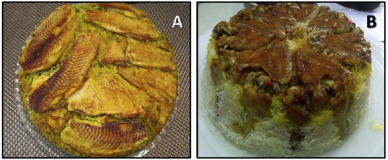 Two types of Iranian tahchin. (A) Fish-tahchin. (B) Chicken-tahchin.
