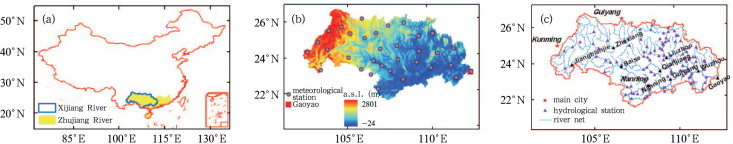 (a) Geographic location of the Zhujiang and Xijiang River Basins, (b) elevation ...