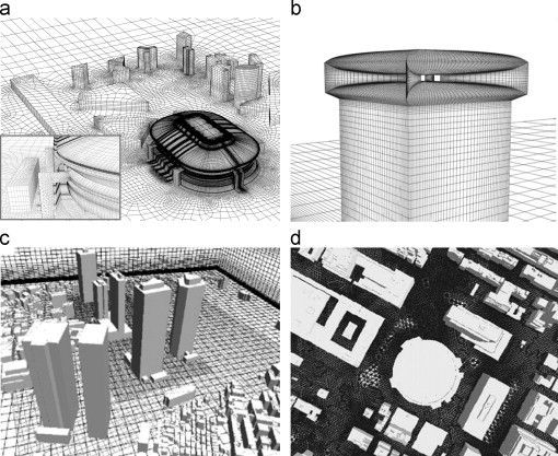 (a) Body-fitted grid for the Amsterdam ArenA stadium and surrounding buildings ...