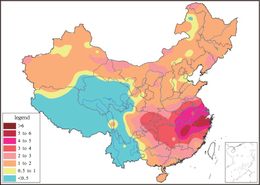 Spatial distribution of annual heat wave days over China (1961–2010 means, unit: ...
