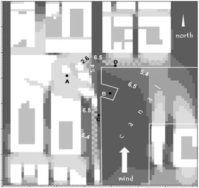 Airflow pattern in case of S wind. Light gray colors indicate zones suitable for ...