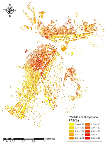 Pérdida anual esperada (relativa) para las edificaciones de Lorca.