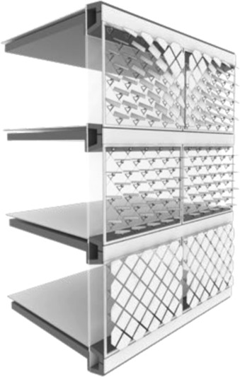 Modules on a building facade, mounted in frames on a cable net structure within ...