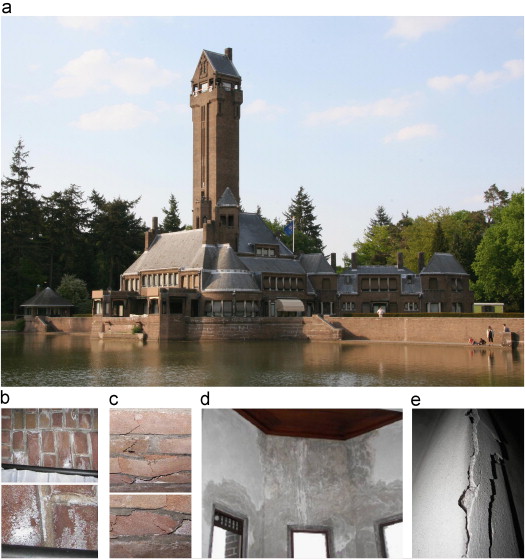 (a) Hunting Lodge St. Hubertus and moisture damage at the tower due to ...