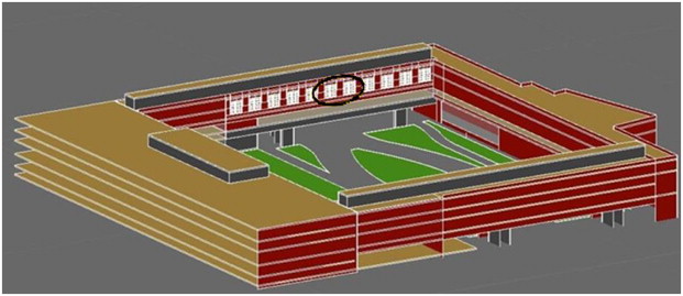 3D model of the building around the simulated rooms.