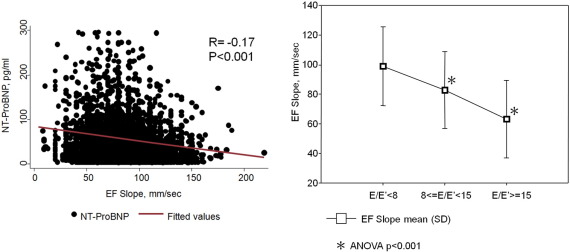 Linear correlation between EF slope and NT-proBNP level (left panel). ...