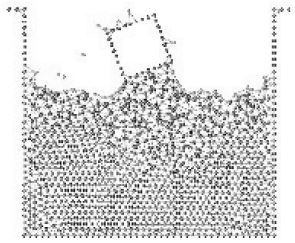 Cube falling in a water recipient. The cube is modeled as a rigid solid. The finite element meshes generated at the selected instants are shown.