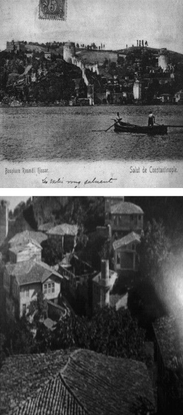 Image from inside the castle in 1890 and an old postcard.