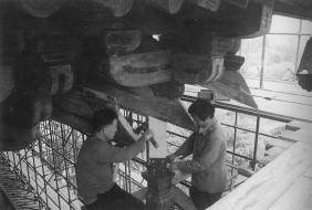 New portion being added to an existing pillar of the Guan Yin Tower. The ...