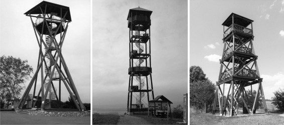 Various types of round timber view-towers.