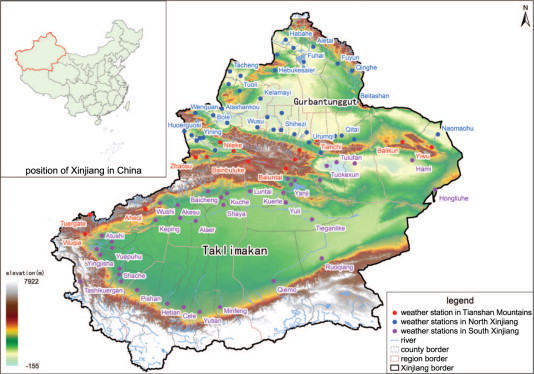 Distribution of 89 meteorological stations in Xinjiang