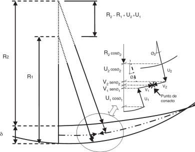 Eje-chumacera. Detalle de los desplazamientos en la región de contacto.