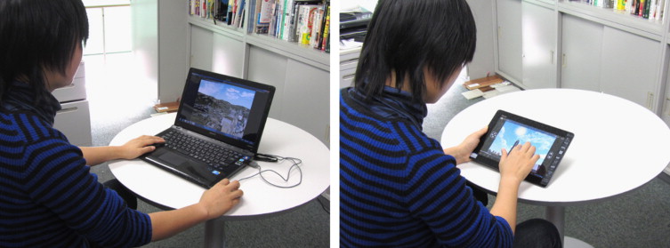 Use of cloud-VR: windows laptop (left), android tablet (right).