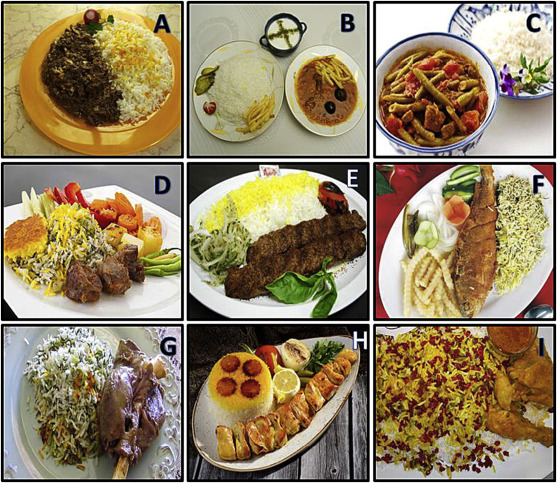 The most popular and common ethnic and traditional rice-based foods in Iran. (A) ...