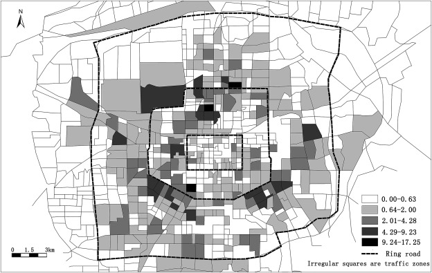 Zone-level per capita commuting CO2 emissions in Xi'an (unit: kg per week).