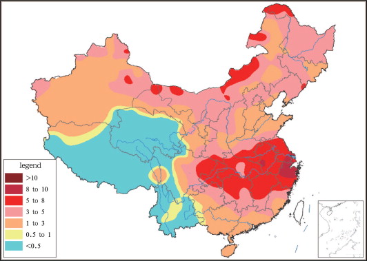 The spatial distribution of heat wave intensity (1961–2010 mean, unit: °C d)