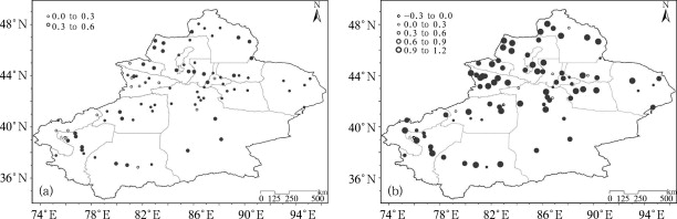 Spatial distribution of trends in annual mean maximum temperatures (a), and ...