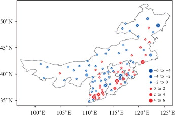 Spatial distribution of linear trends (unit: d per decade) in annual fog days ...