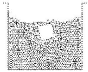 Cube falling in a water recipient. The cube is modeled as a rigid solid. The finite element meshes generated at the selected instants are shown.