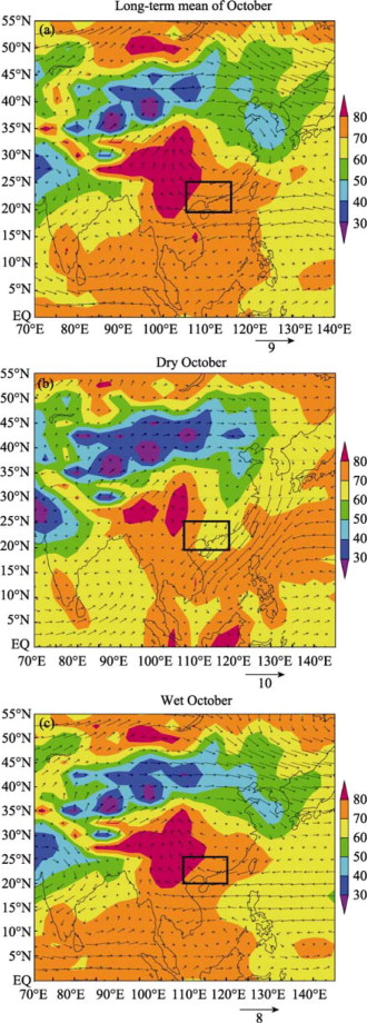 Characteristics of relative humidity (shadings) and winds (arrows) at 850 hPa ...