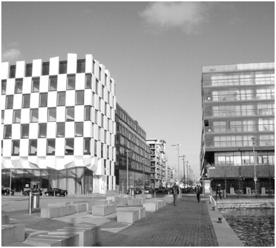 View of Grand Canal Square from the western waterfront (point C) towards the ...