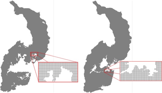 Malla computacional para época de secas (izquierda) y lluvias (derecha).