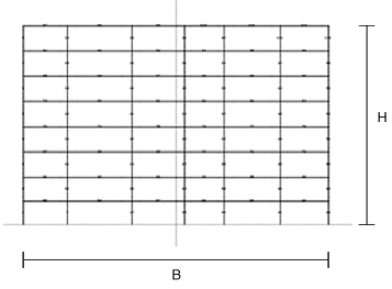 Edificio estudiado, con H=25,65m, B=24m y período fundamental de 1,444s.