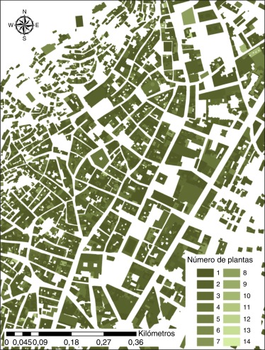 Distribución de alturas para el casco histórico de Lorca.