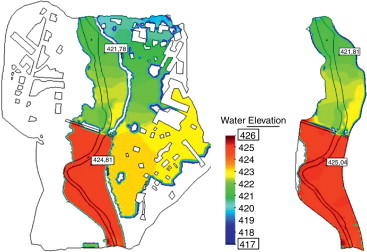 Extensión de la inundación y altura de la lámina de agua calculada considerando ...