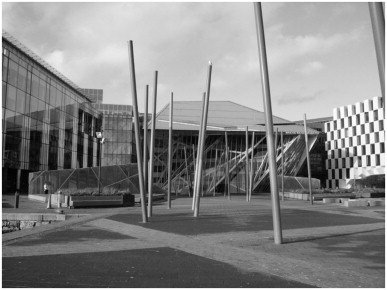 View of Grand Canal Square with the theater in the center, office block to the ...
