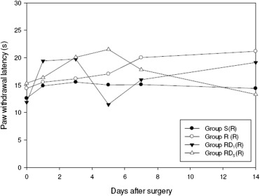Heat pain latency of four groups. Ipsilateral paw response to heat was delayed ...
