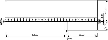 Esquema y dimensiones de puente colgante. Unidades en metros.