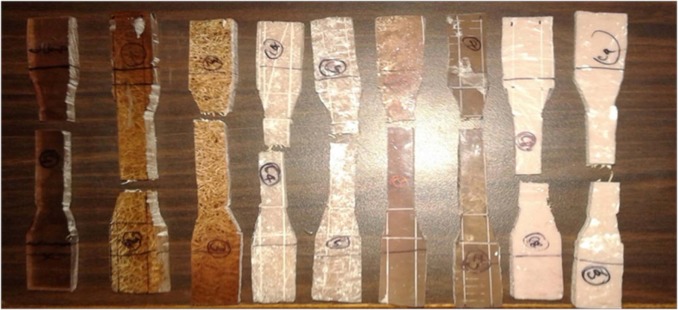 Tensile tested specimens of various composites.