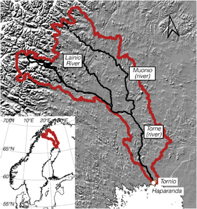 Location and topography of the Torne River catchment (red outline), showing ...