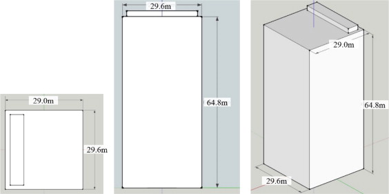 3D model of GSE common east building (left: plan view, middle: elevation view, ...