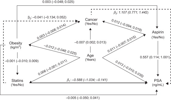 Directed Acyclic Graph (DAG) representing estimates of direct (solid thick line) ...